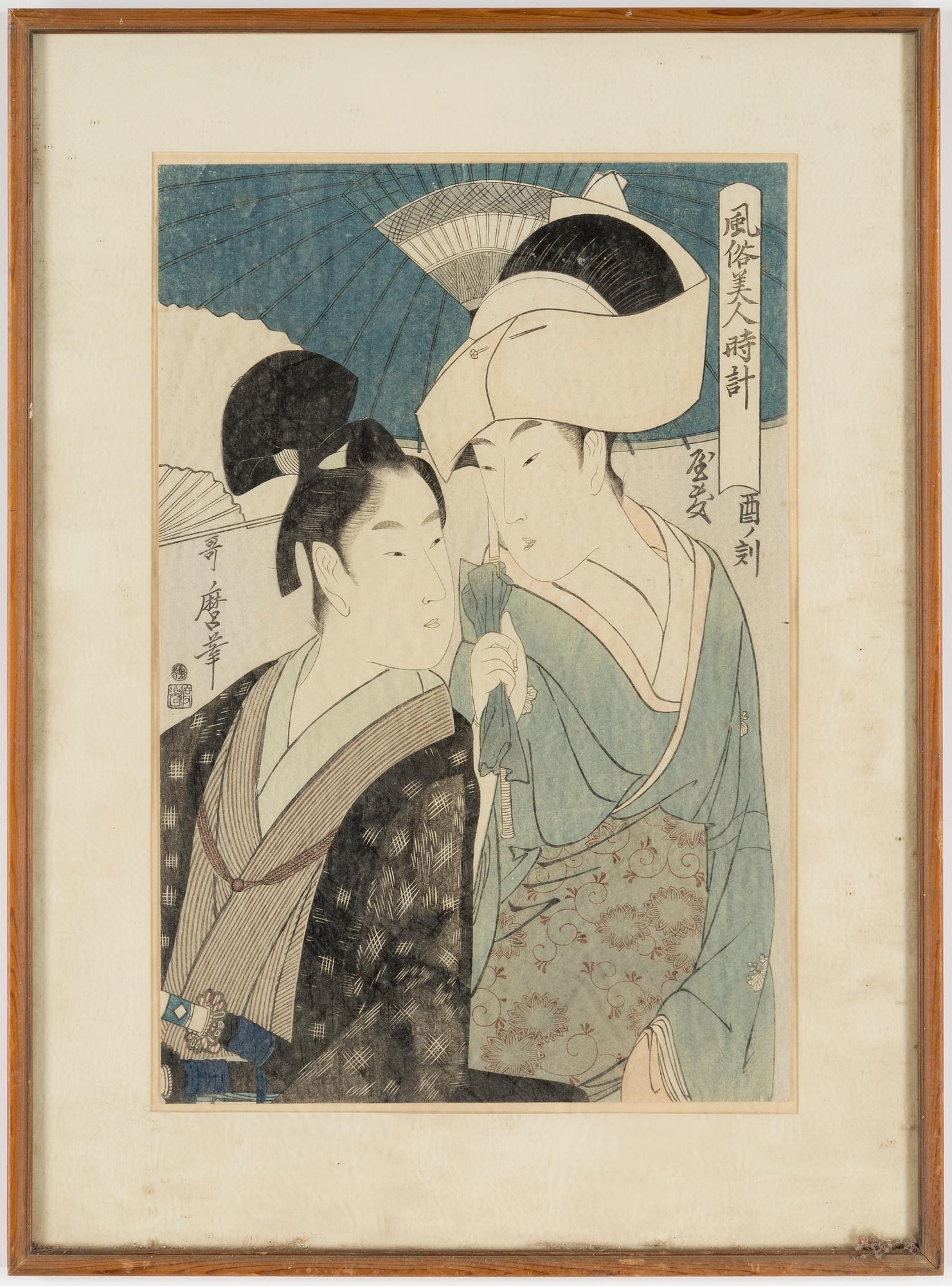 UTAMARO KITAGAWA (c.1753-1806), färgträsnitt, tre stycken. Japan.