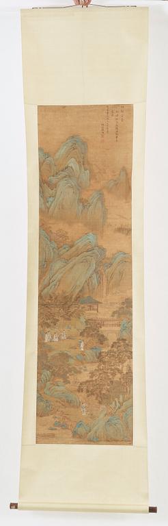 RULLMÅLNING med KALLIGRAFI, landskap med figurer. Troligen av kvinnlig konstnär (Yinhu från Tongjin), Qing (1644-1912).
