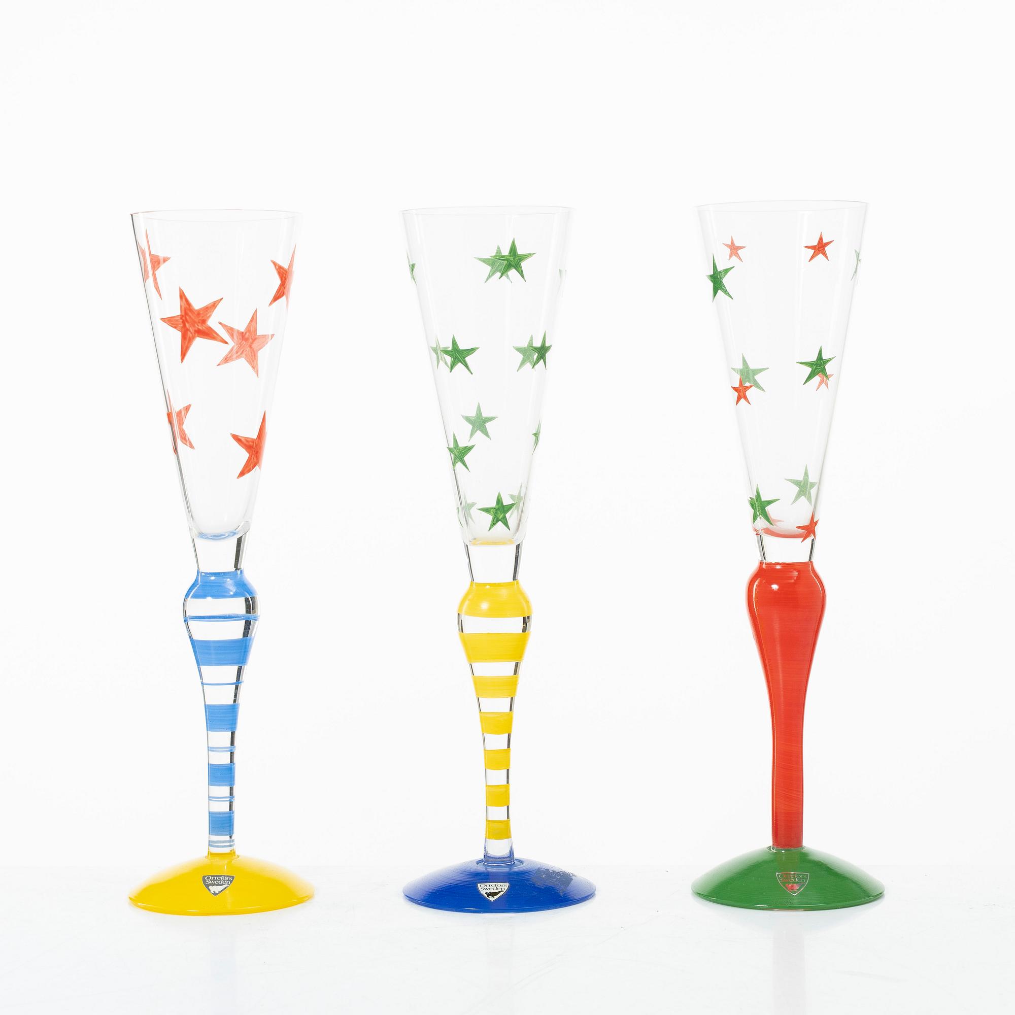 Anne Nilsson, Champagneglas, 6 st, samt skål, "Clown", Orrefors.