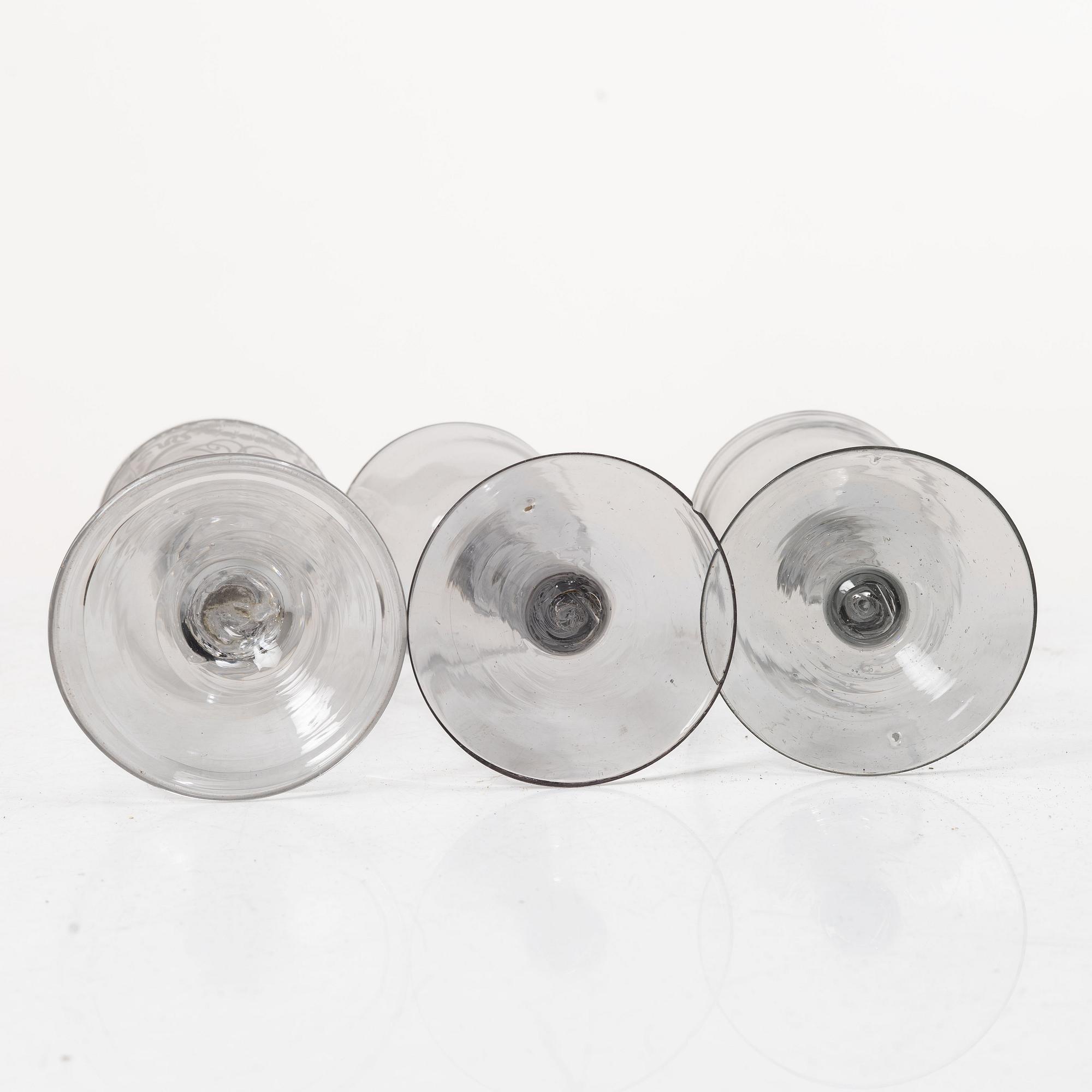 Three spiral-stemmed glasses, 18th Century.