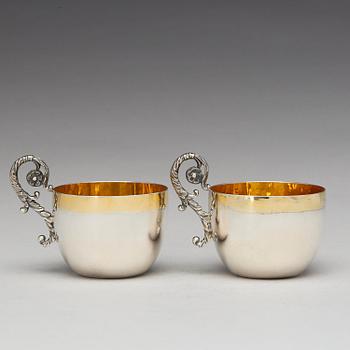 A pair of Swedish parcel-gilt silver cups, mark of Daniel Falck, Malmo (1685-1705). Reworked in the 19th century.