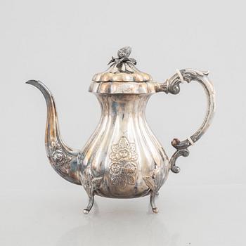 A silver coffeepot, presumably first half of the 20th century, with Swedish import marks.