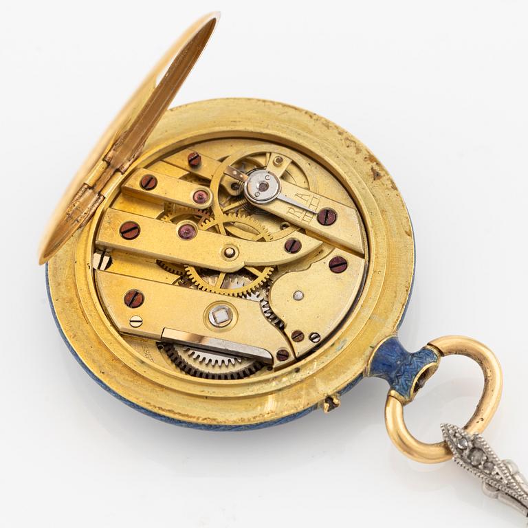 Pocket watch, enamel with diamond, with a chain featuring enamel bars, triangular diamonds, and pearls.