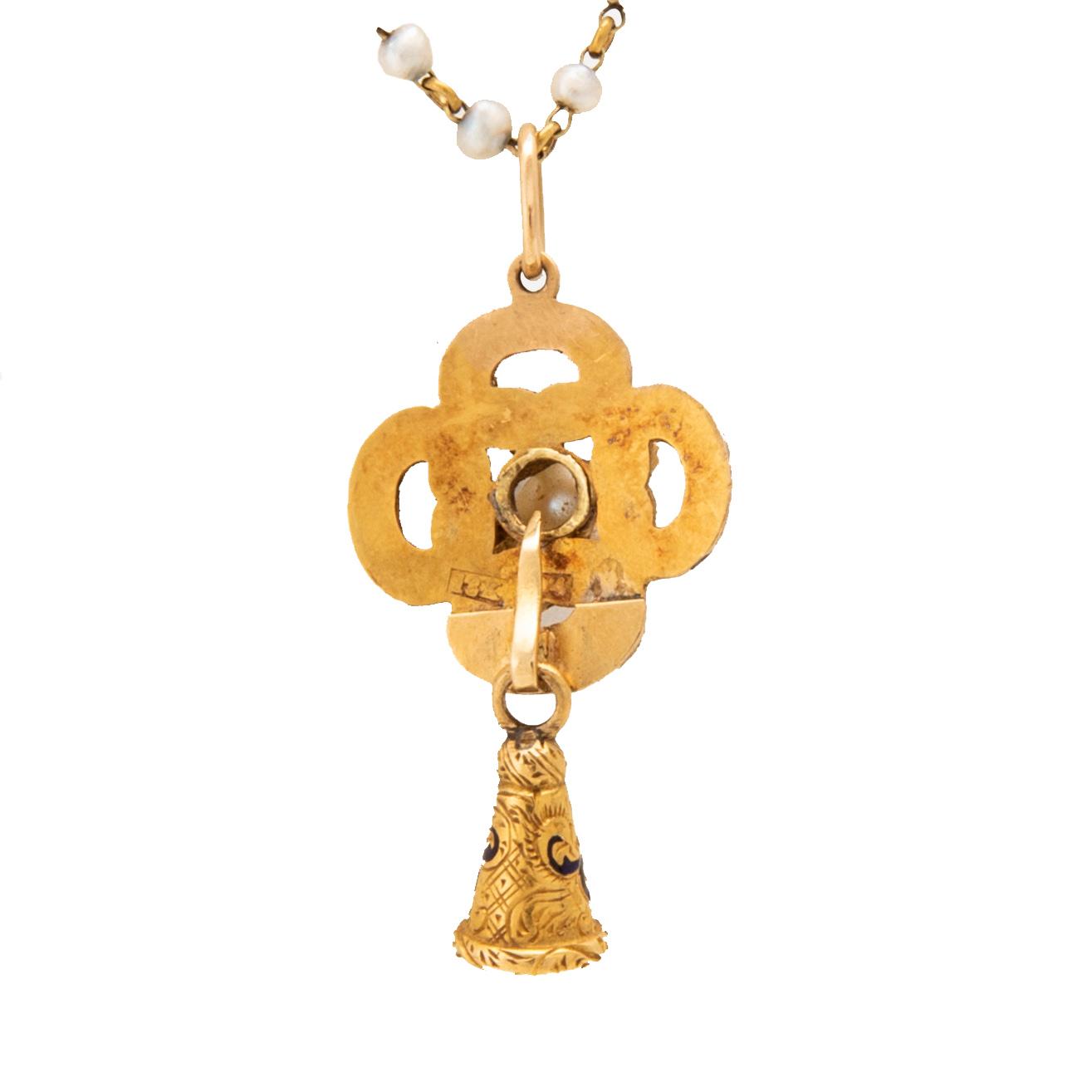 Halsband 18K guld med gammalslipade diamanter, seedpärlor och dekor av emalj, Stockholm 1846.