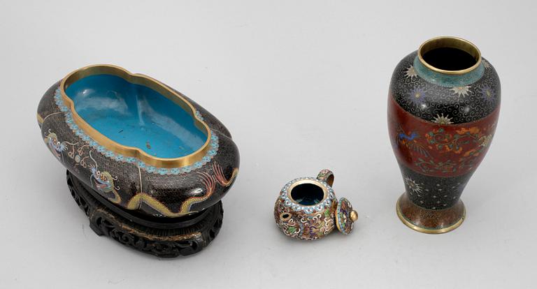 PARTI CLOISONNÉ, 3 delar, orientalisk, 1800/1900-tal.