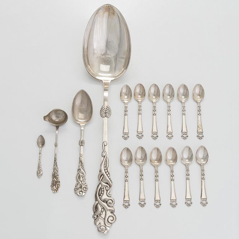 A set of  four silver serving spoons, with a set of 12 coffee spoons, Denmark, early and first half of the 20th century.