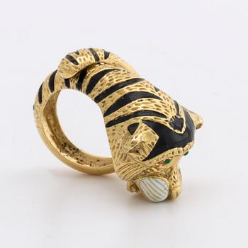 RING 18K guld, emalj, gröna glasstenar.