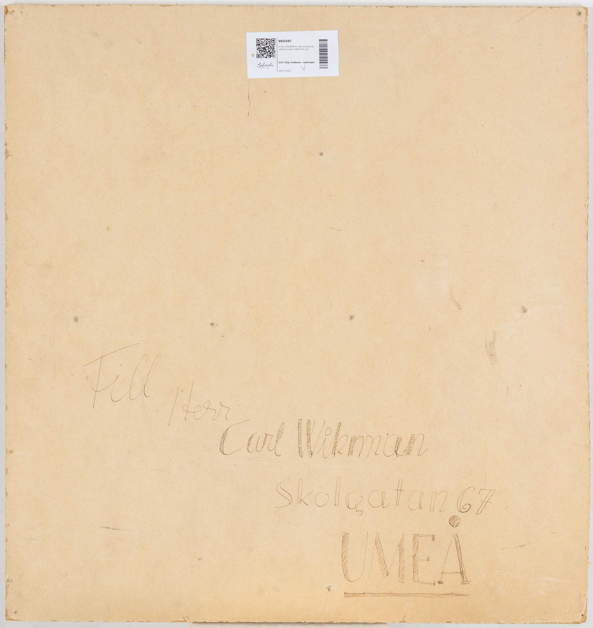 STIG LINDBERG, oil on panel, painted during the winter of 1940-41.