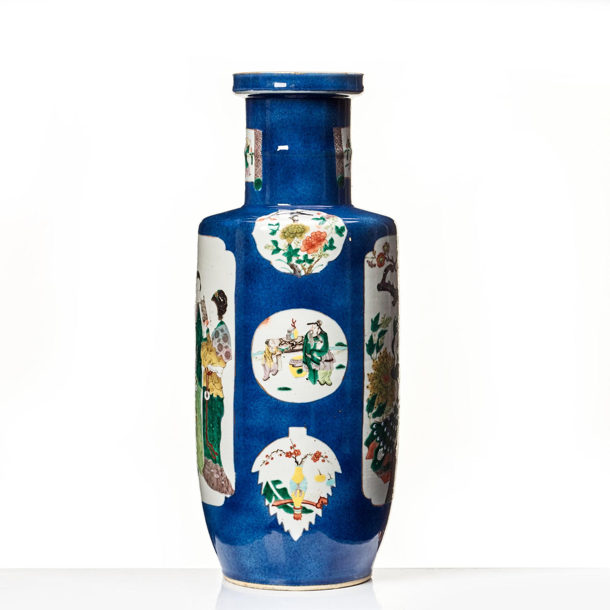 A powderblue and famille verte roleau vas, late Qing dynasty.