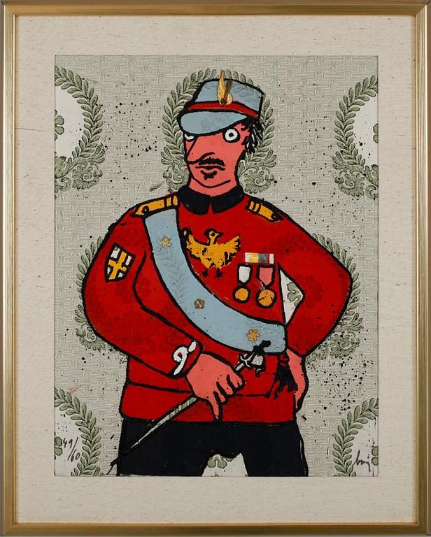 ENRICO BAJ, screentryck på textil, sign, 49/60.