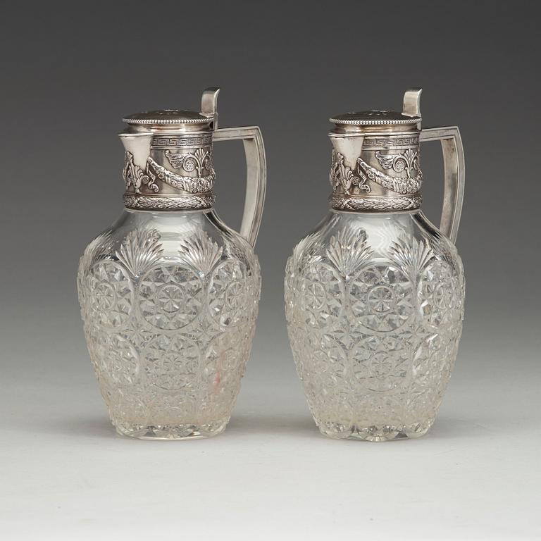 A pair of Fabergé jugs, glass and silver, Moscow 1899-1908, scratched inventori number 20116.