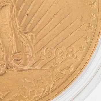 Gold coin, 20 dollars, USA 1908 gold 900/1000. Weight circa. 33.5 g.