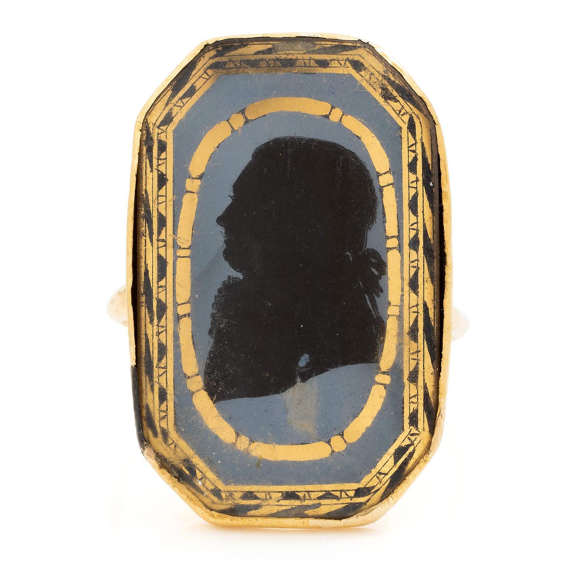 A silhouette ring, 18K gold with enamel, Friedrich Silber, Karlskrona 1796.
