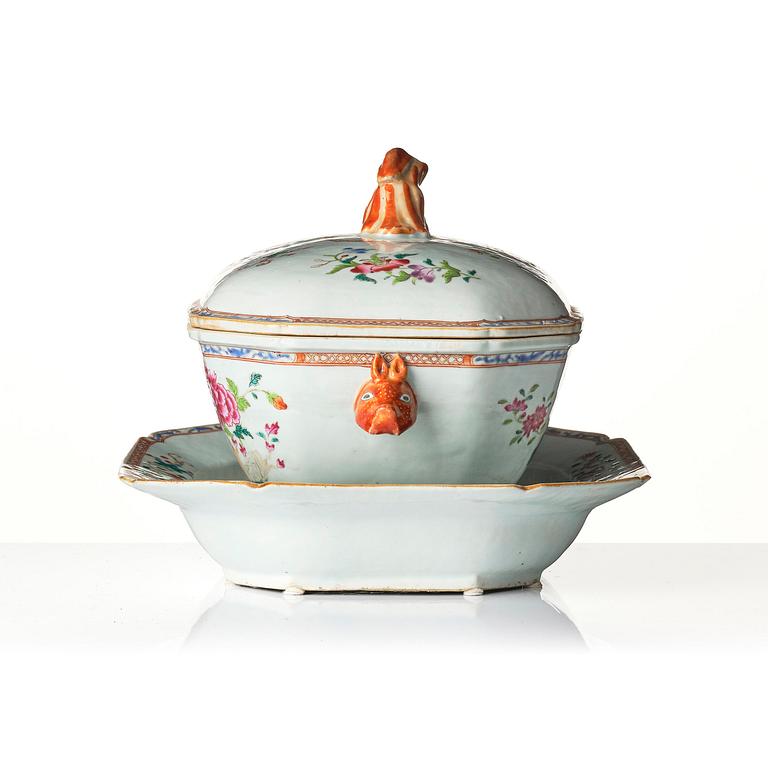 A famille rose 'double peacock' tureen with cover and stand, Qing dynasty, Qianlong (1736-95).