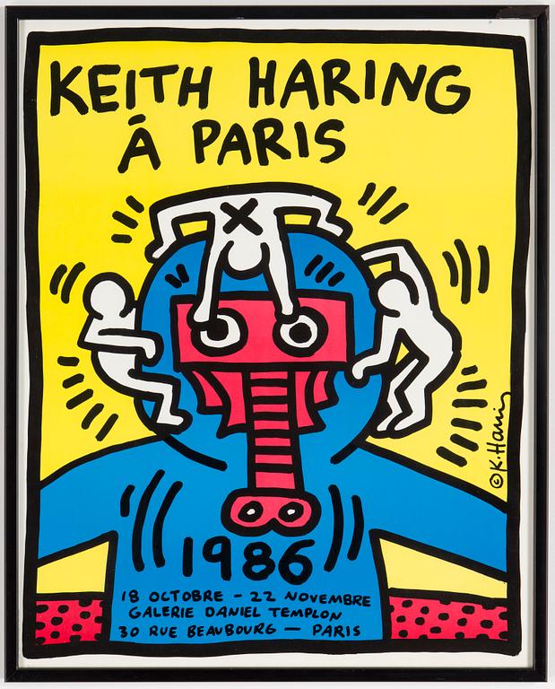 KEITH HARING, "Keith Haring á Paris", utställningsaffisch, offset, för Galerie Daniel Templon, 1986.