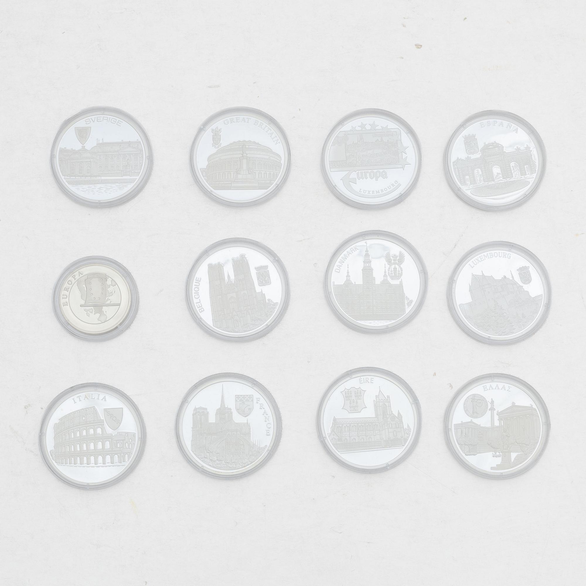 Silver coins, 11 pcs, .999 fine silver, “The First EUROPA Issues”, Skandinaviskt Myntkontor, Göde.