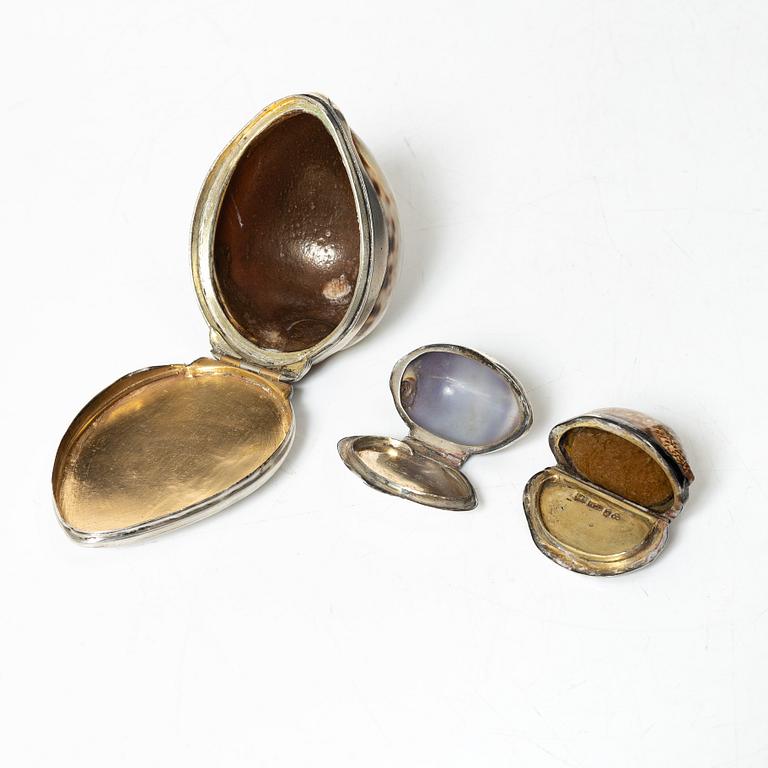 A set of three silver and seashell boxes, Sweden, 19th century.