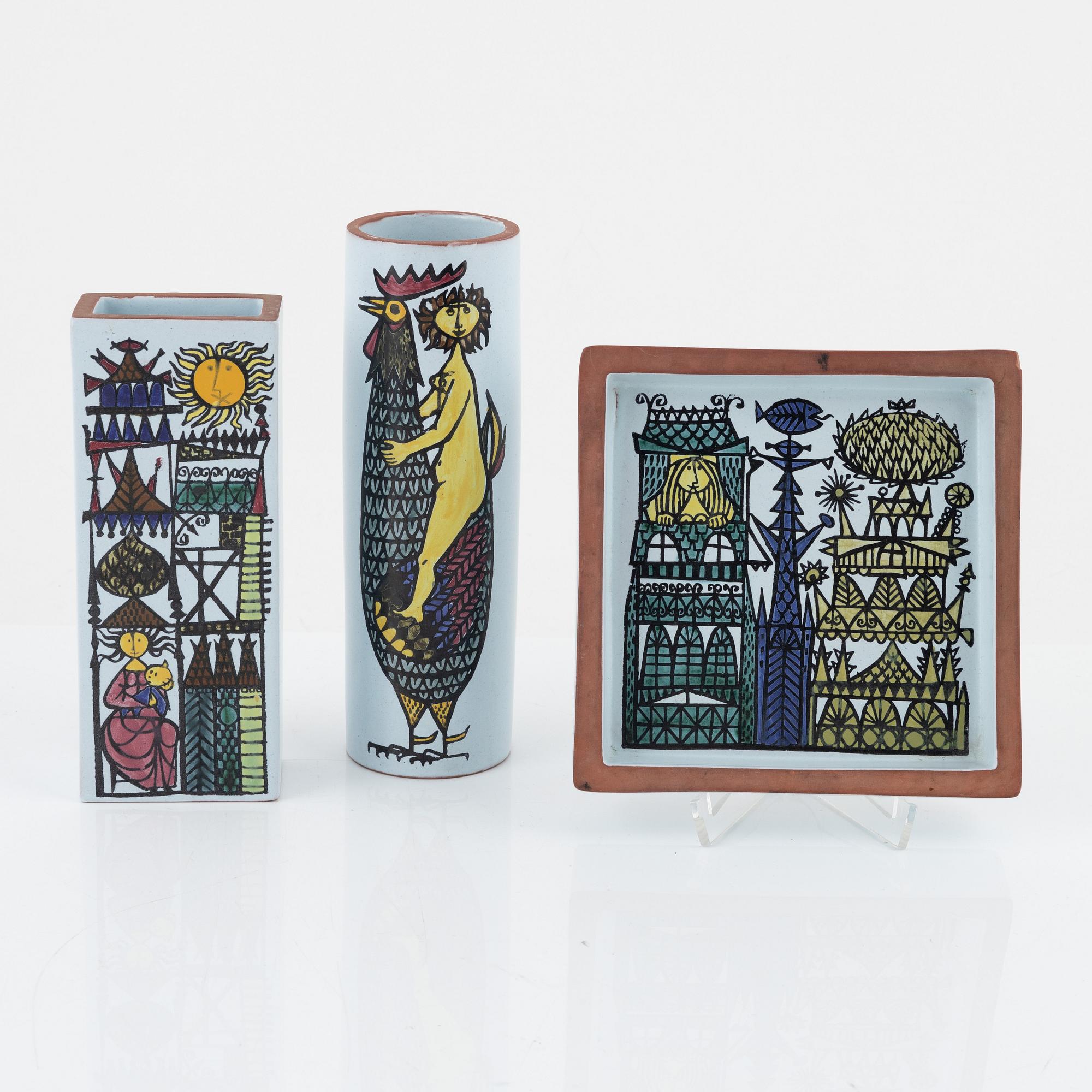 Stig Lindberg, a set of three 'Karneval' earthenware pieces by Stig Lindberg, Gustavsberg Studio, Sweden.