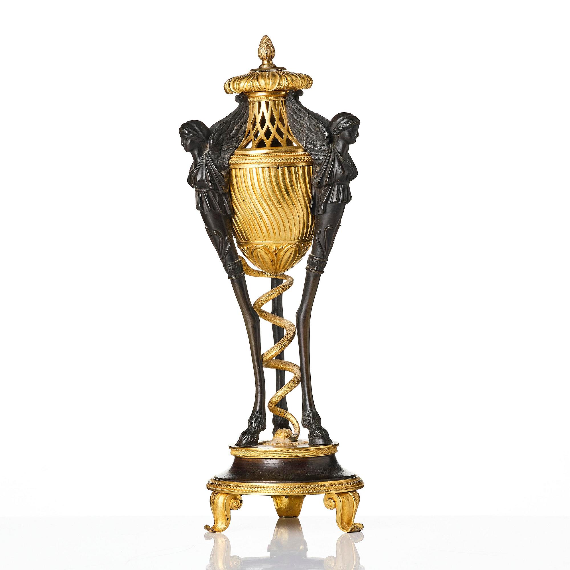 A French gilt and patinated bronze Empire-style brûle-parfum, later part 19th century.