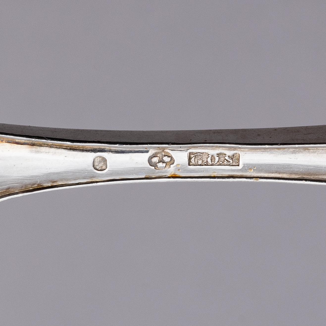 A Swedish parcel-gilt silver and filigree four-piece travel cutlery set, marks of Gustaf Otto Sjöberg, Falun 1813.
