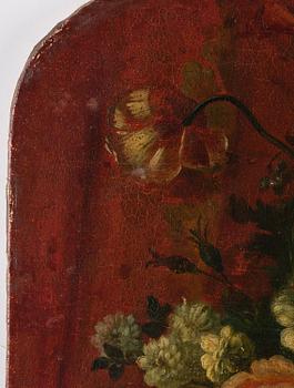 Pieter Casteels III, follower of, Wall panels, a pair, Flower urns with a parrot and a monkey respectively.
