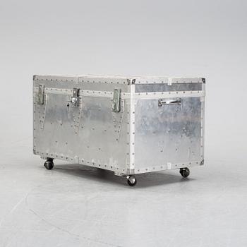 A large metal storage box on wheels, 20th Century.