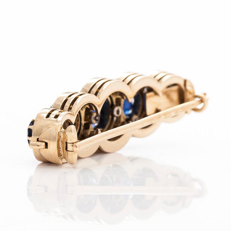 Rintaneula, 14K kultaa, safiireja ja vanhahiottuja timantteja.