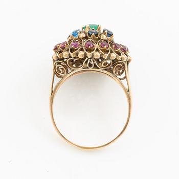 Ring, 18K gold with red, blue, and green synthetic stones.