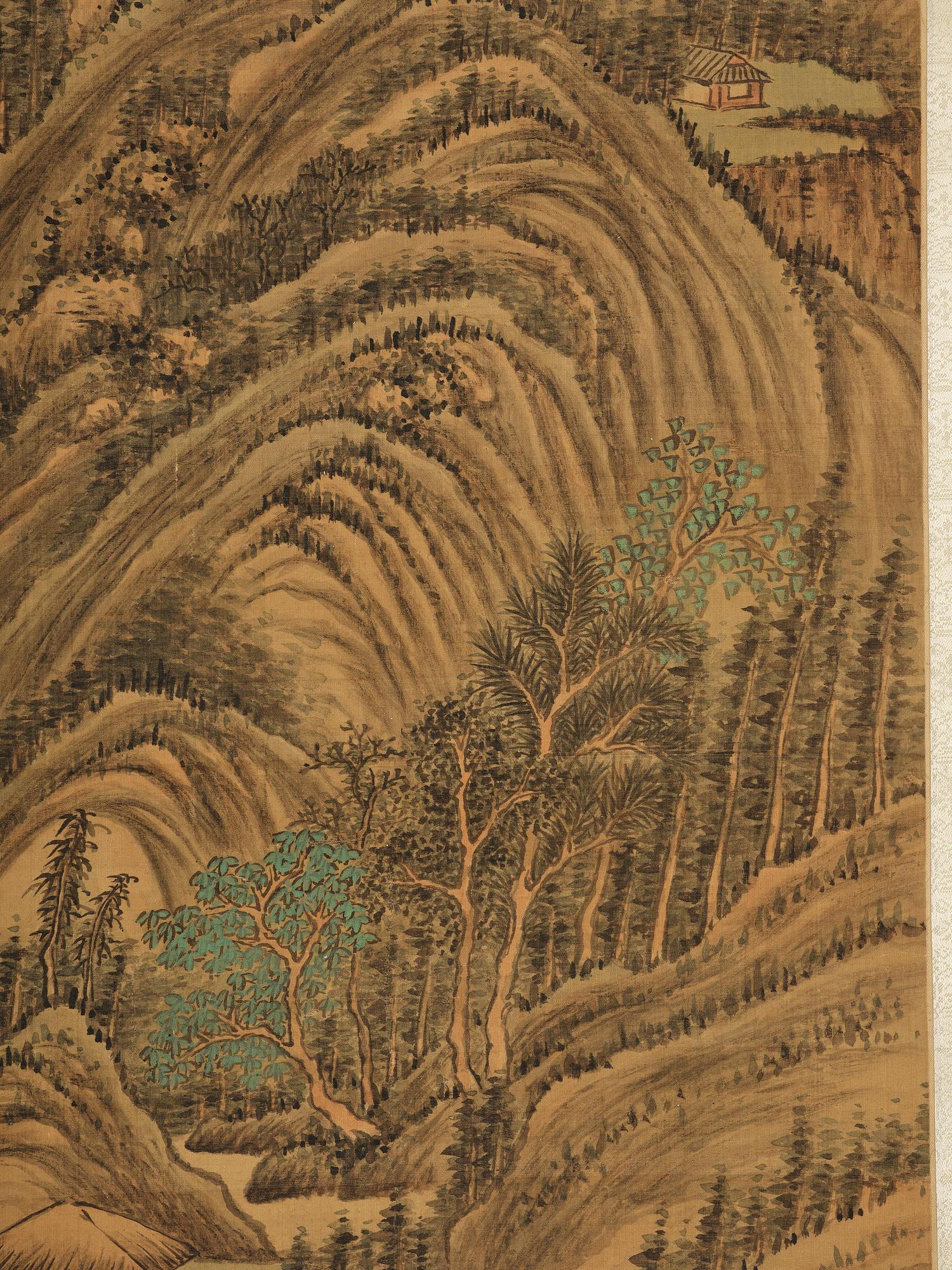 Qian Weicheng, (China 1720-1772), ink and colour on silk. 'Mountainious landscape'.