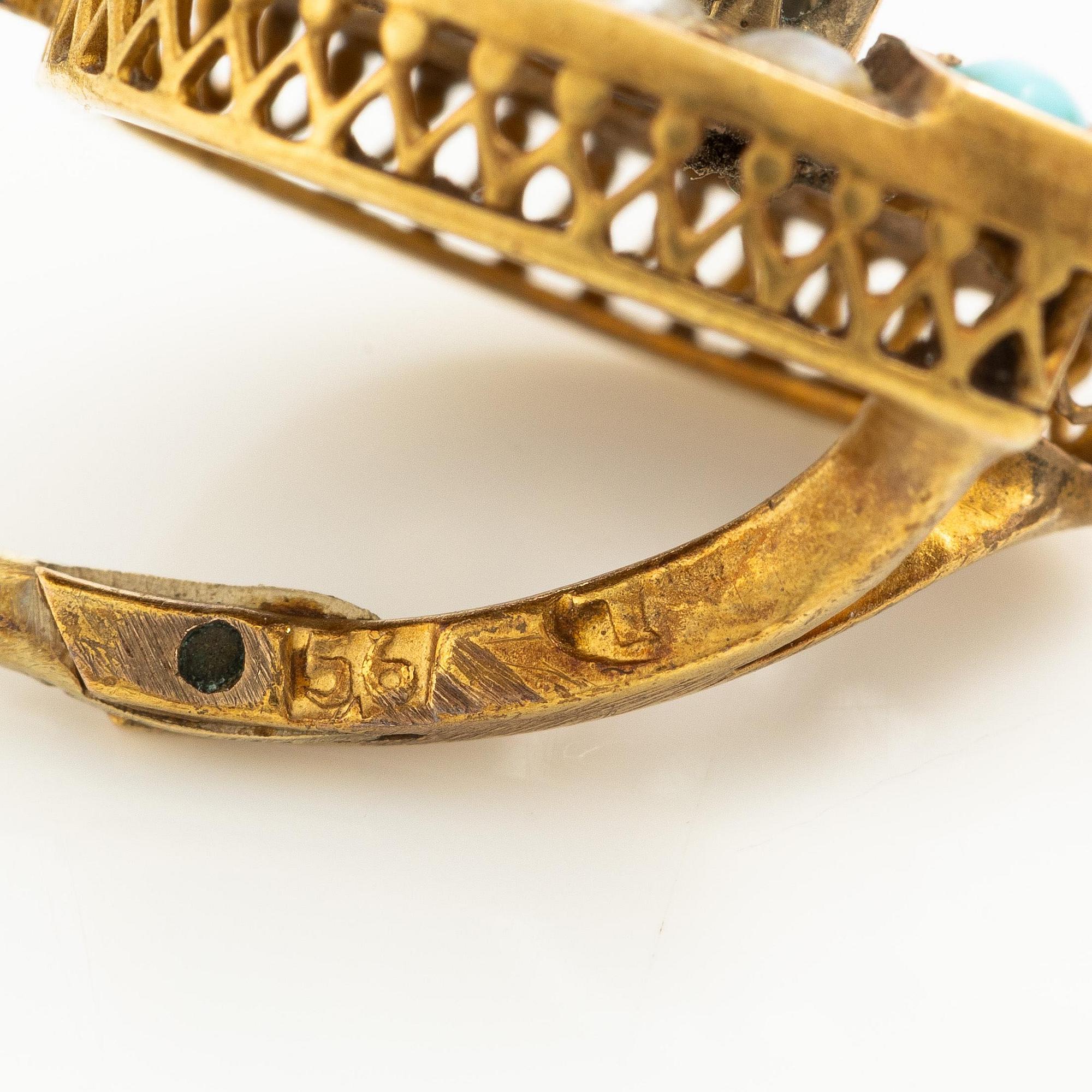 Brosch och ett par örhängen 14K guld med turkoser och pärlor.