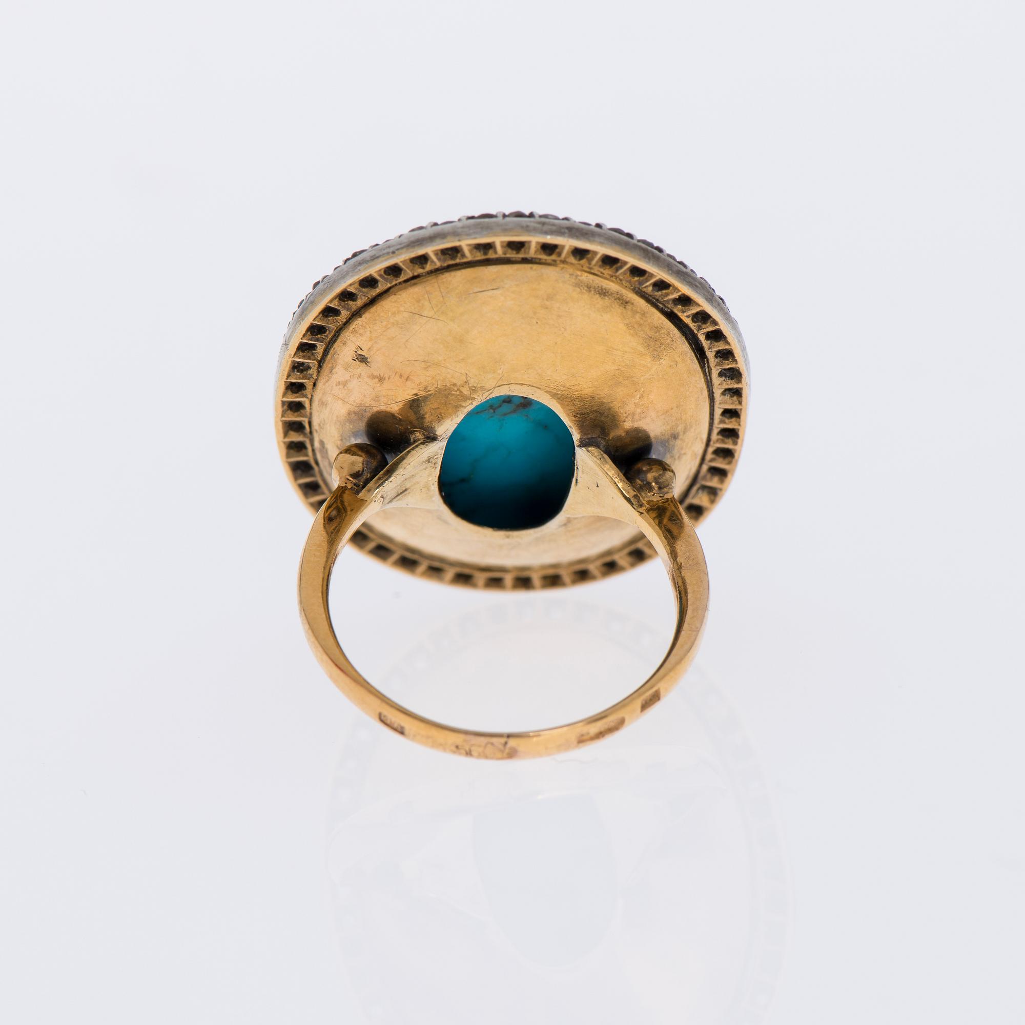 RING, guld (56), turkos ca 40 ct, rosenslipade diamanter tot. ca 1,00 ct. Ryska stämplar.