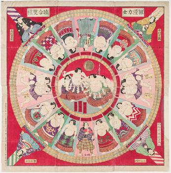 UTAGAWA KUNISADA III (1848-1920), fler-färgs träsnitt. Japan, "Sogoroku-spel".