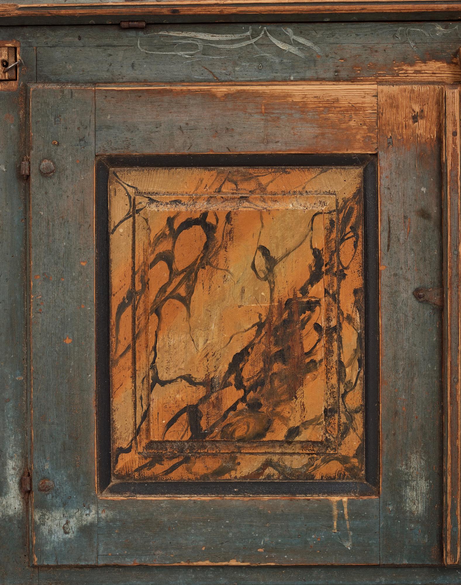 A polychrome-painted writing-cabinet attributed to J. Bäckström (1773-1837), dated 1828.