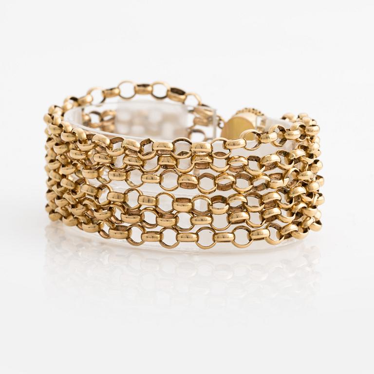 Bracelet, gold multi-strand pea links, monogram with frame of old-cut diamonds.
