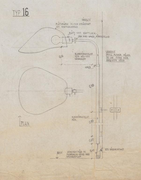Gunnar Asplund, vägglampa, "Typ 16". Proveniens: Rådhuset i Göteborg 1936. Sannolikt utförd av Arvid Böhlmarks Lampfabrik.