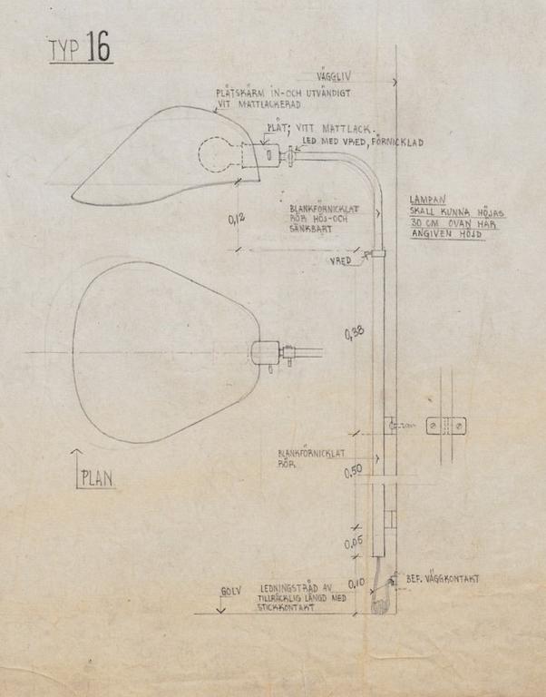 Gunnar Asplund, vägglampa, "Typ 16". Proveniens: Rådhuset i Göteborg 1936. Sannolikt utförd av Arvid Böhlmarks Lampfabrik.