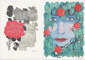 Stig Lindberg, färglitografier, 2 st, Gustavsberg,  bl a 1976.