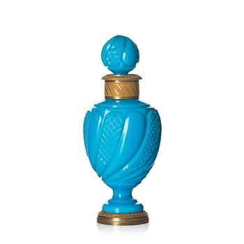 A turquoise opalin glass and gilt bronze perfume bottle with stopper, 19th Century.