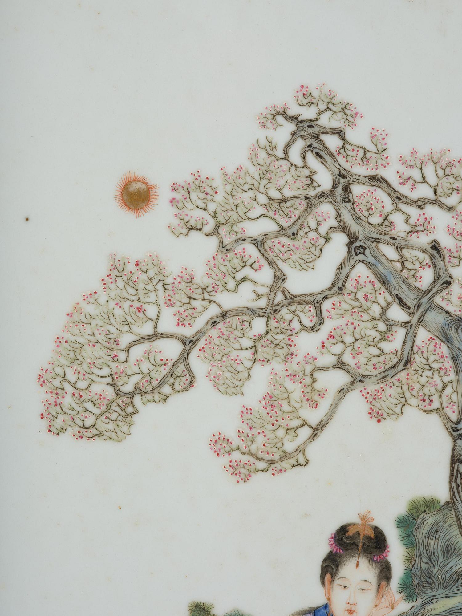 A set with four Chinese porcelain panels with a wooden frame, first half of 20th century.