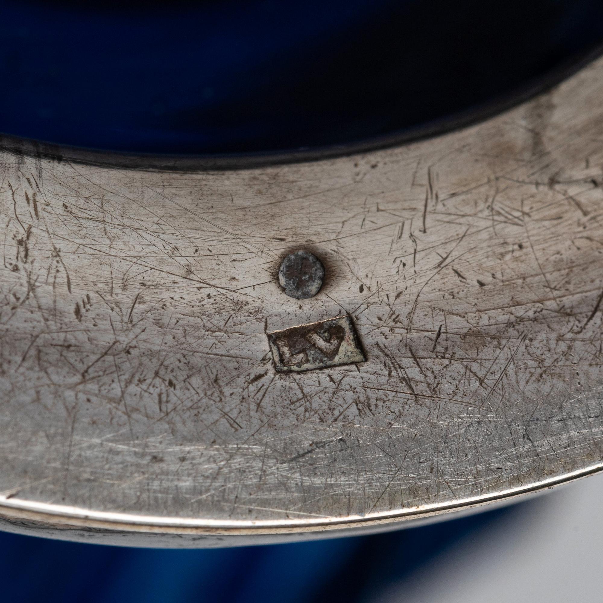 A Swedish Rococo blue glass and silver bottle, marked Lorenz Vick (Ulricehamn 1766-1808).