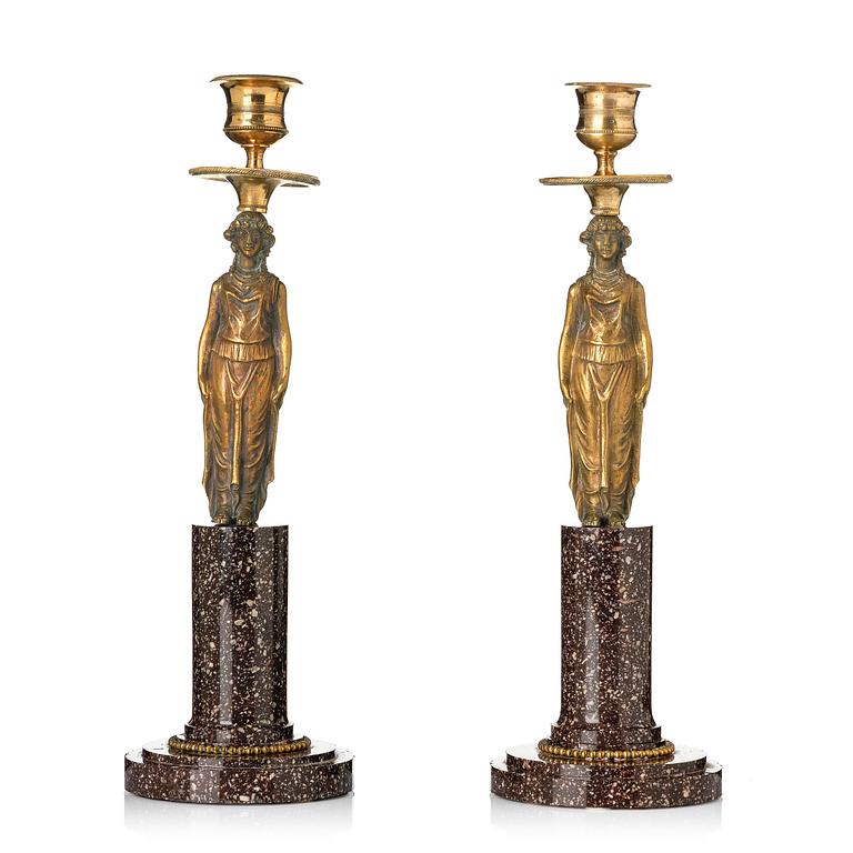 A pair of late Gustavian gilt brass and 'Blyberg' porhyry candlesticks in the manner of F. L. Rung, early 19th century.