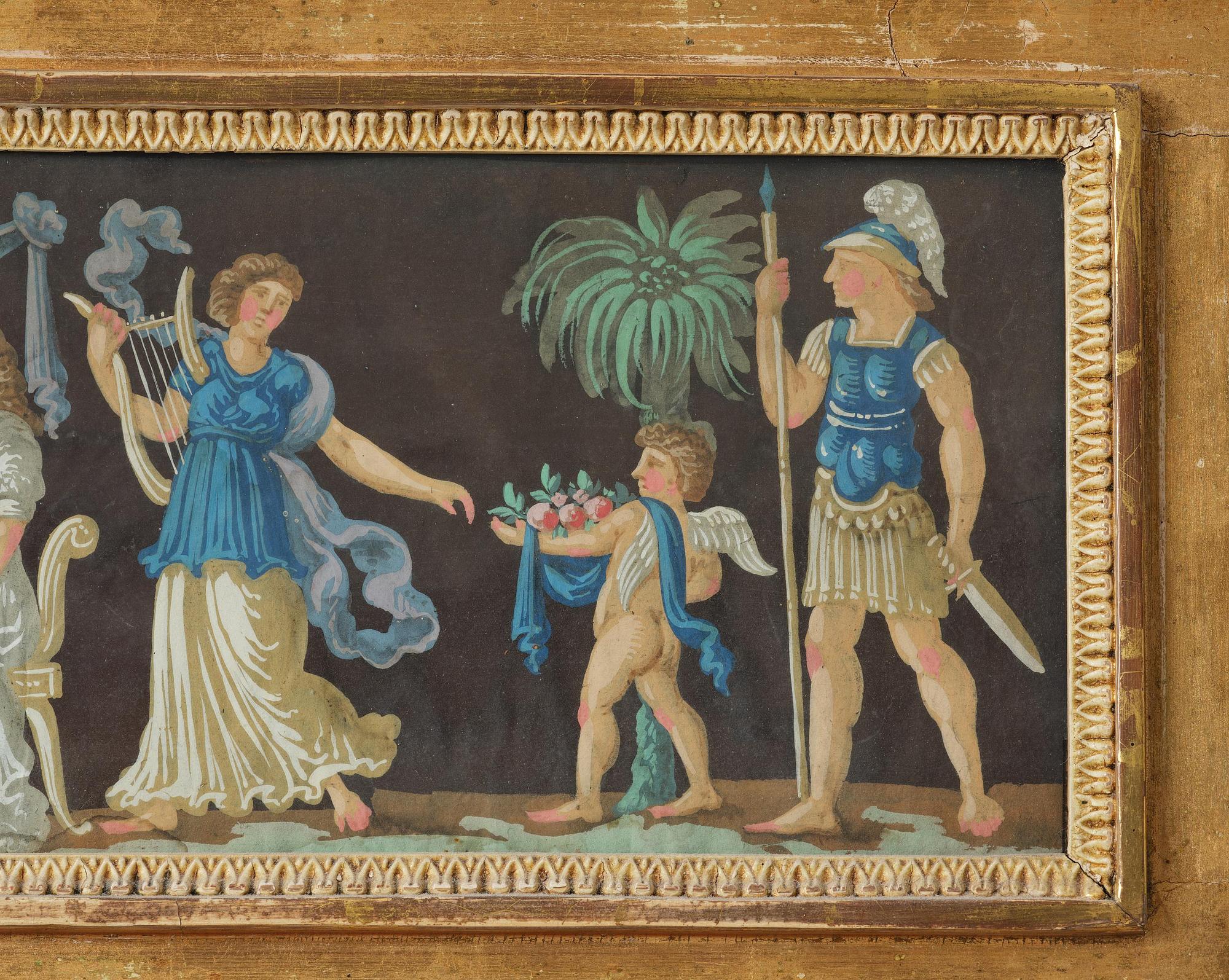 A late Gustavian giltwood and gouache-inset mirror, Stockholm, late 18th century.