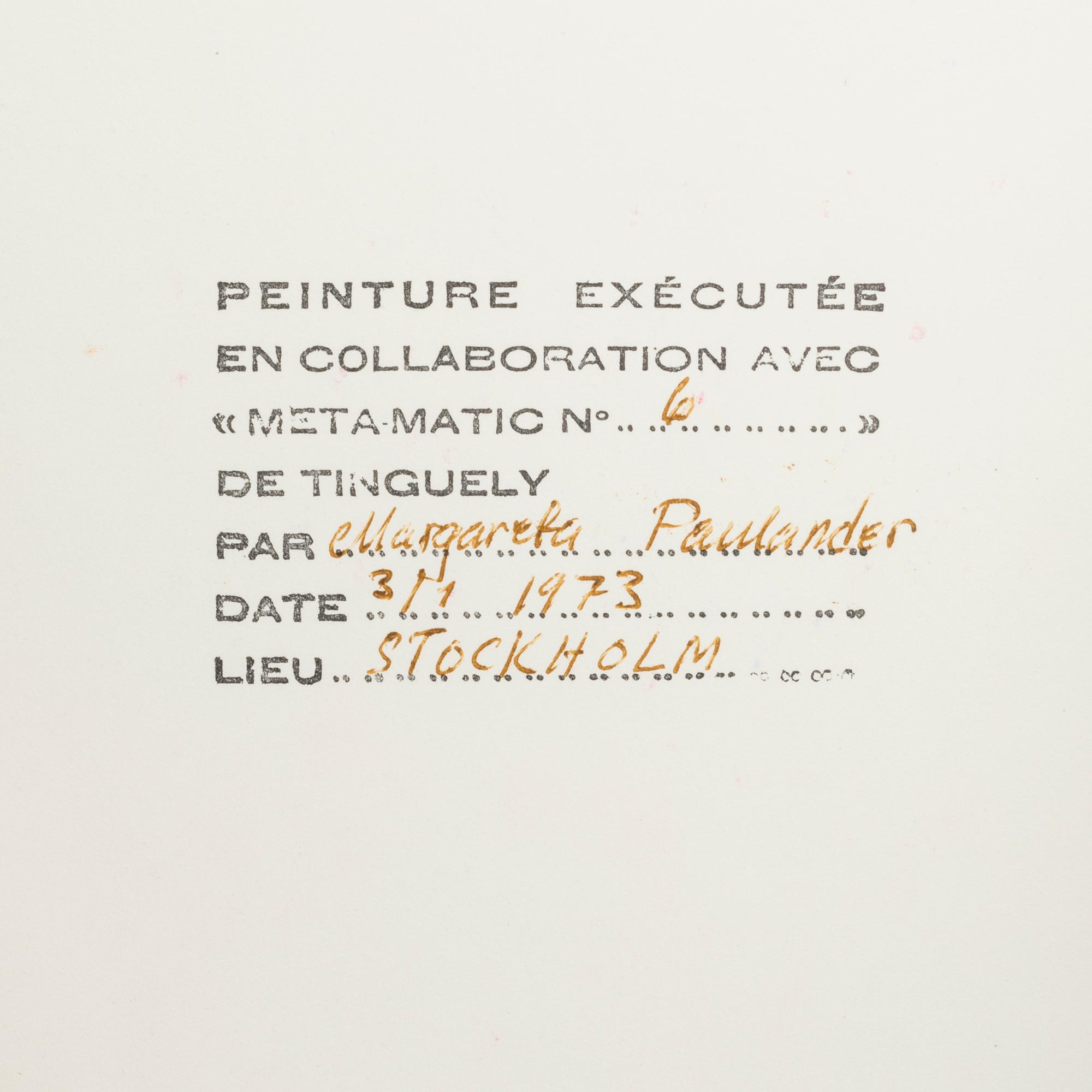 JEAN TINGUELY, efter, "Méta" bok, av K.G. Pontus Hultén. Moderna Museet 1972.