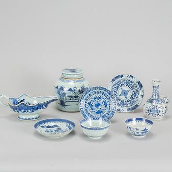 A group of eight blue and white objects, Qing dynasty, 18th-20th century, one presumably Japan.