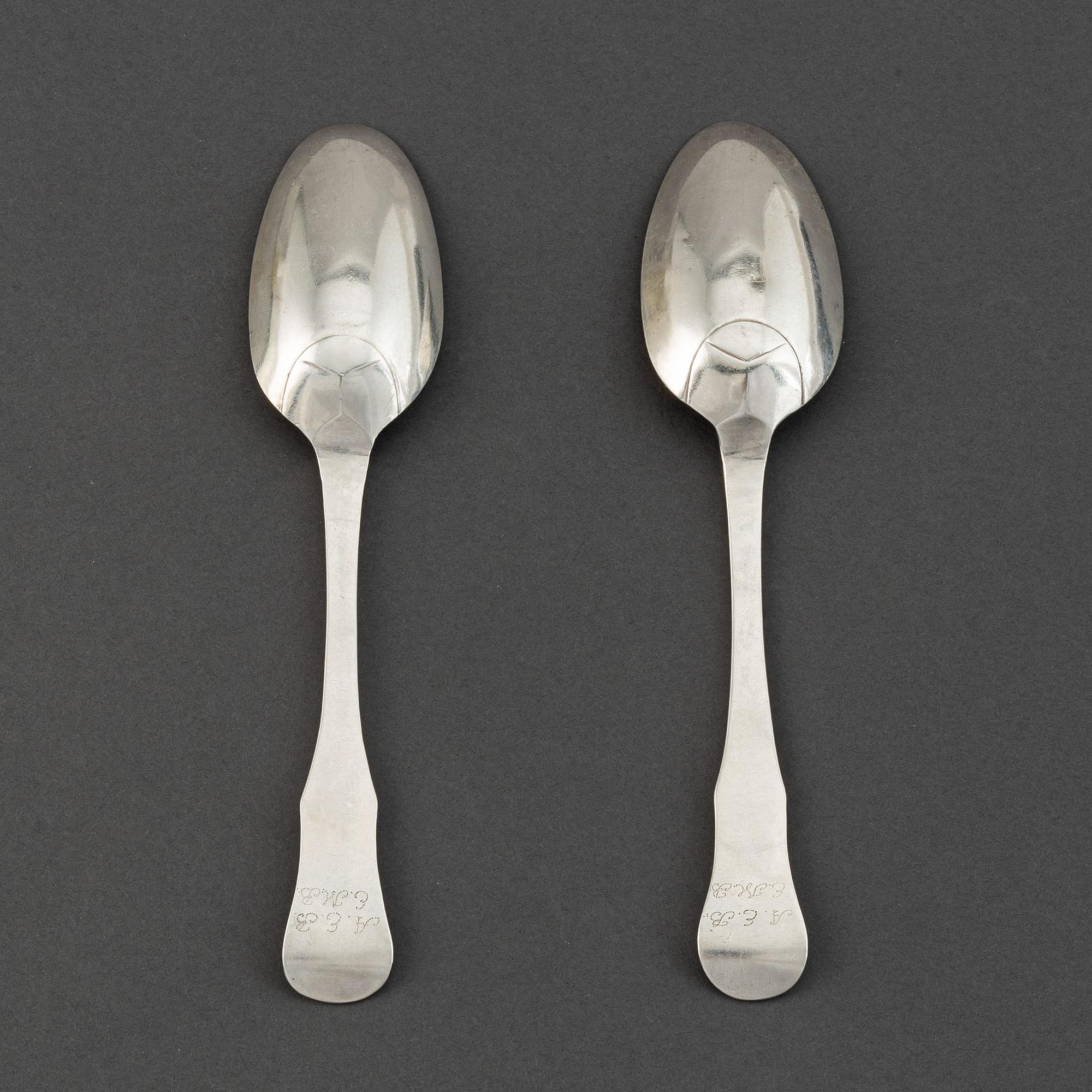 Ivar Lunthin, sannolikt bröllopsskedar, ett par lika, Lund 1781-1782.