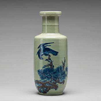 A Chinese celadon ground 'roleau' vase, Republic period, with Kangxi mark.