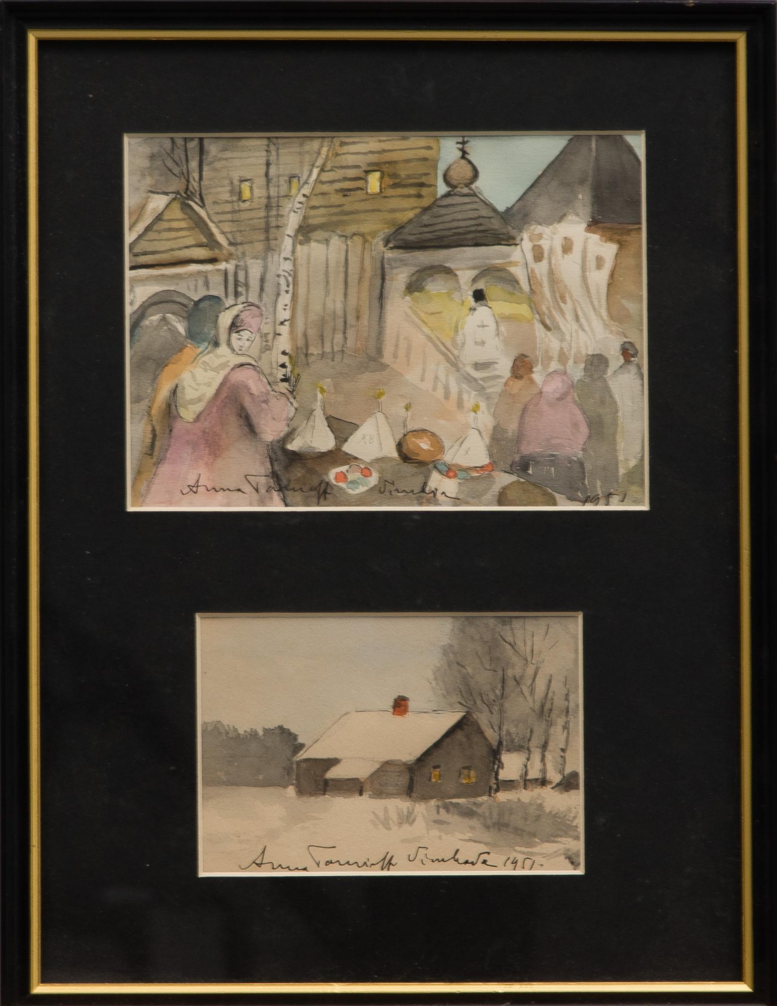 ANNA VYRUBOVA, vesivärejä, 2 kpl, signeerattu ja päivätty 1951.