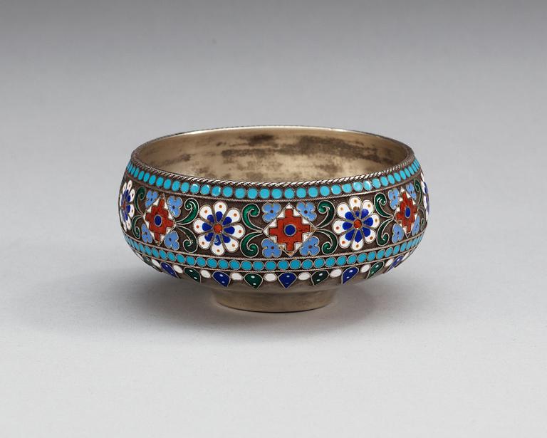 A Russian 19th century silver and enamel bowl, makers mark of Pavel Ovchinnikov, Moscow 1891. Imperial Warrant.