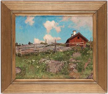 Alfred Bergström, Summer landscape with red cottage behind a roundpole fence.