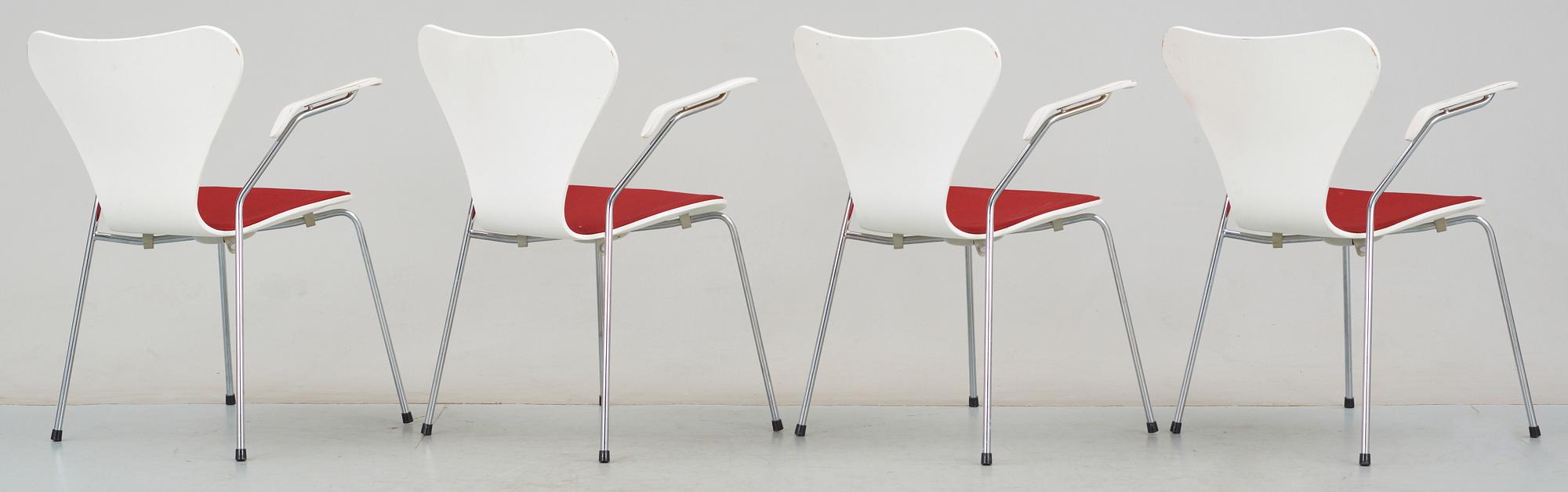 KARMSTOLAR, 4 st, "Sjuan", Arne Jacobsen, Fritz Hansen, formgiven 1955.
